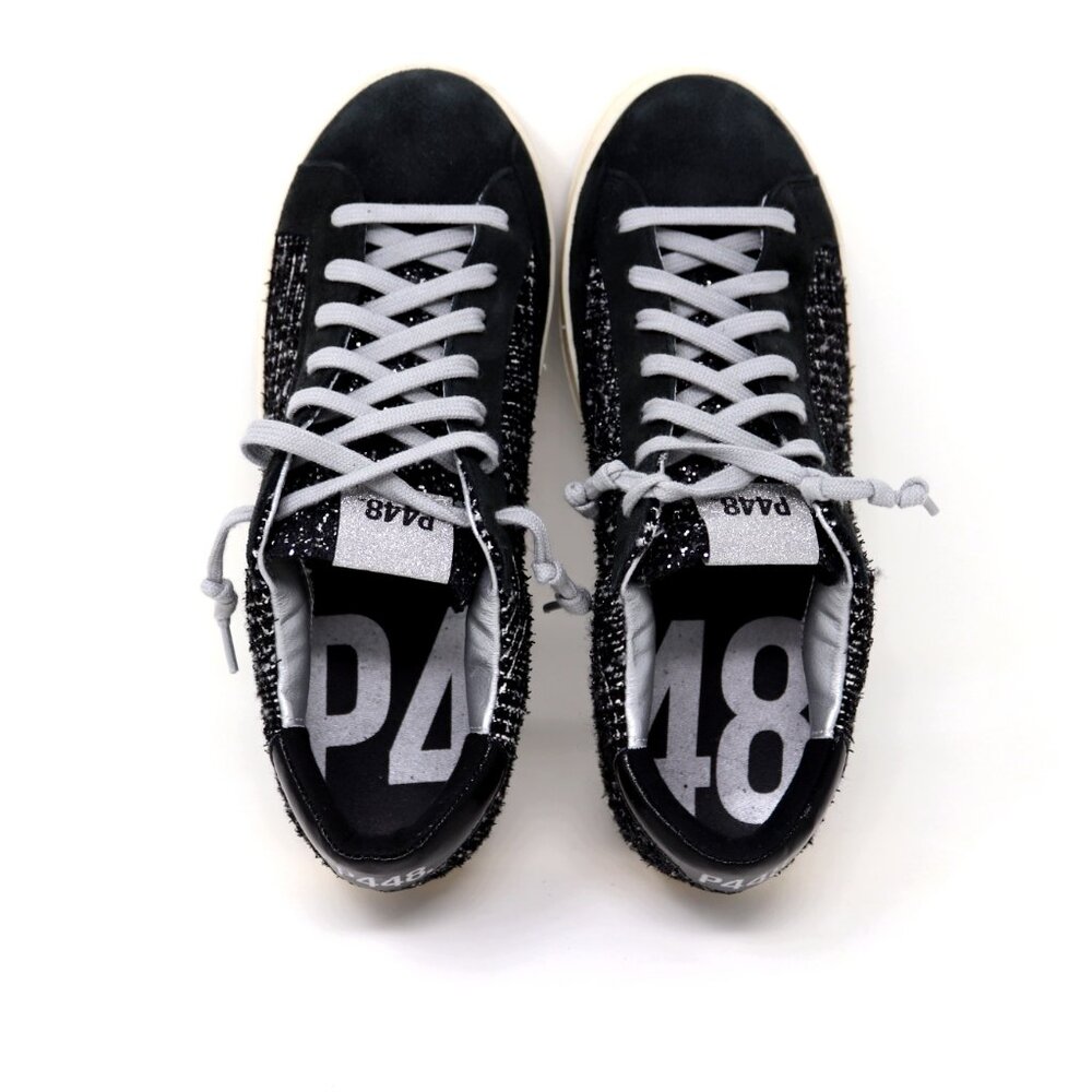 P448 Size 41 John Shaka Sneakers Black White Tweed & Suede - Picture 10 of 15